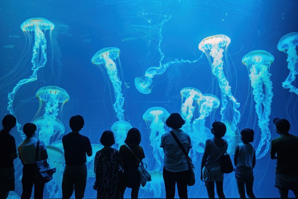Jellyfish aquarium underwater blue togetherness.