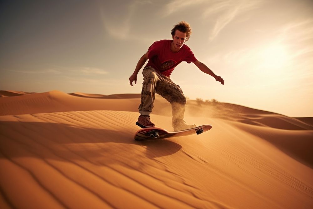 25 year old man desert recreation skateboard.