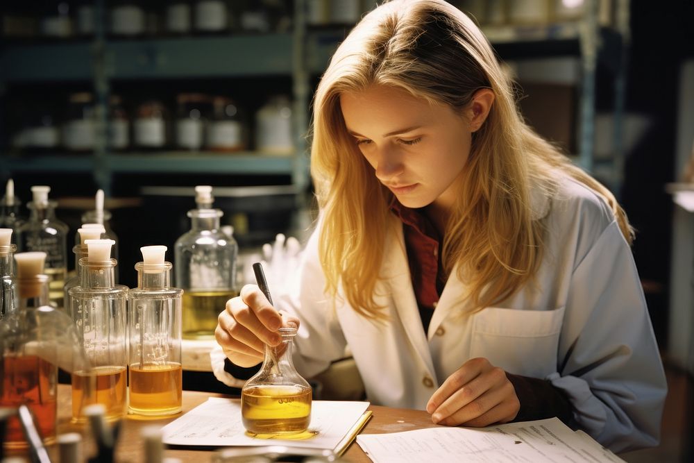 Woman examining laboratory scientist writing.