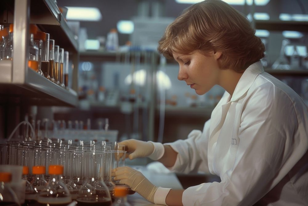Woman examining laboratory scientist concentration.