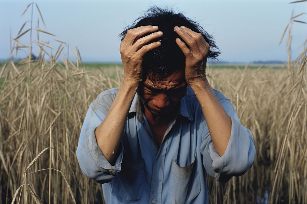 Thai farmer hands on head photography worried field.