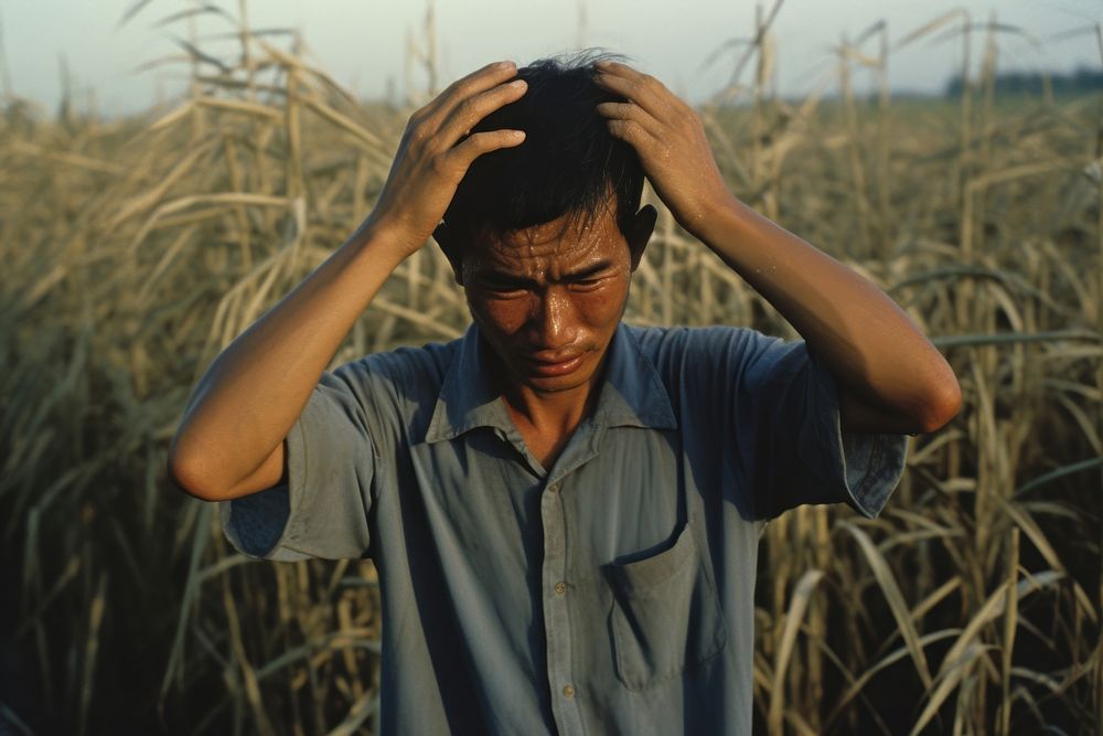 Thai farmer hands on head photography portrait worried.