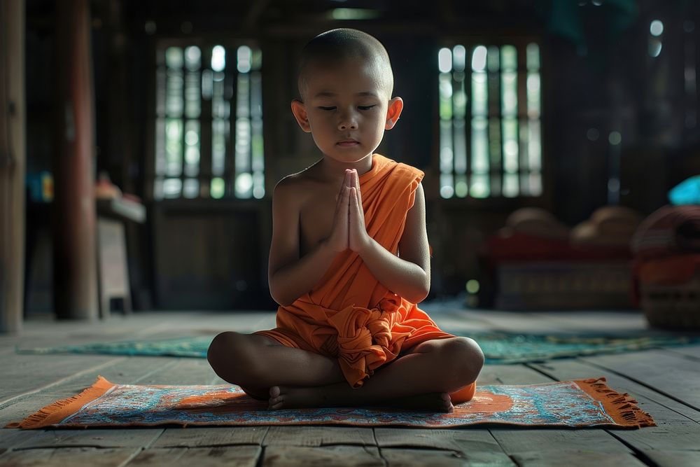 Thai muslim praying child cross-legged spirituality.