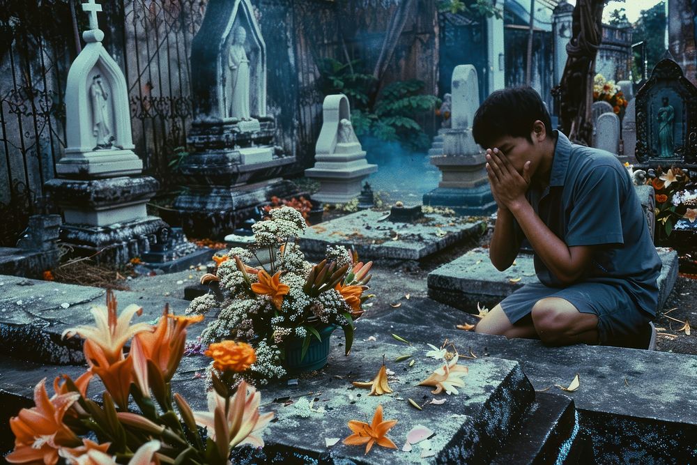 Thai Person praying tombstone cemetery outdoors.