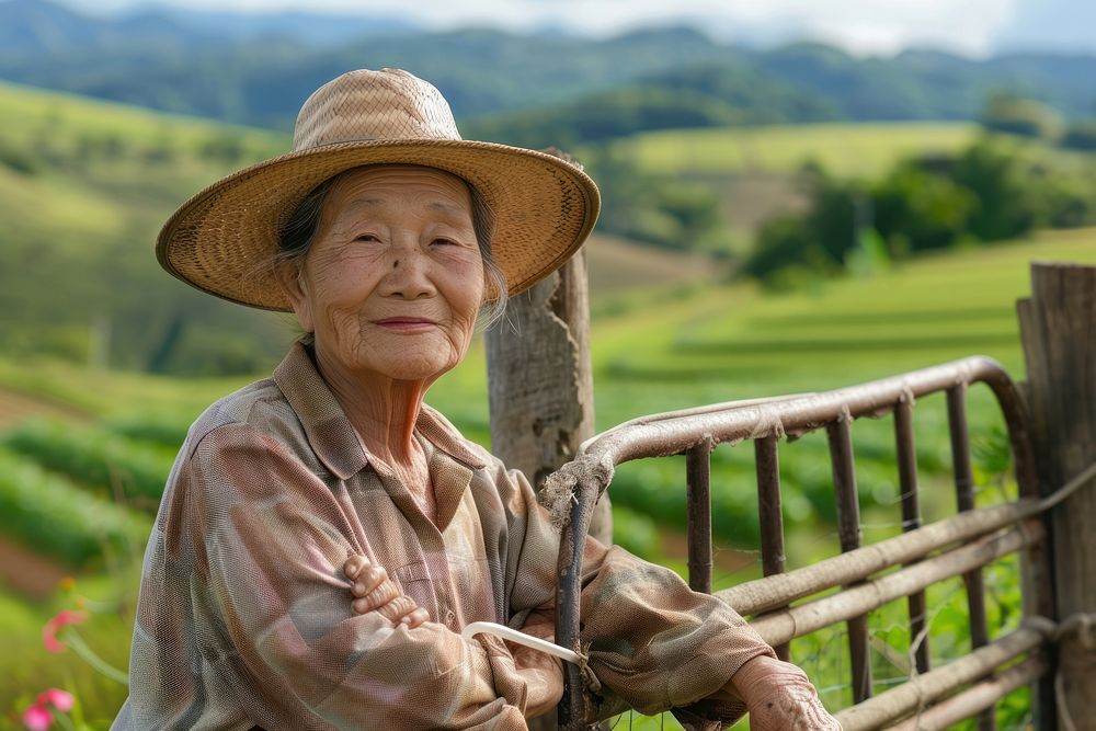 Asian old woman smiling farmer cowboy.