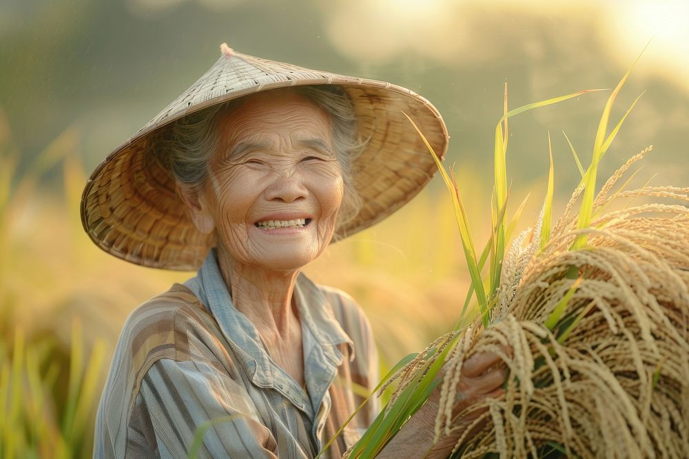 Asian old woman farmer field outdoors smiling.