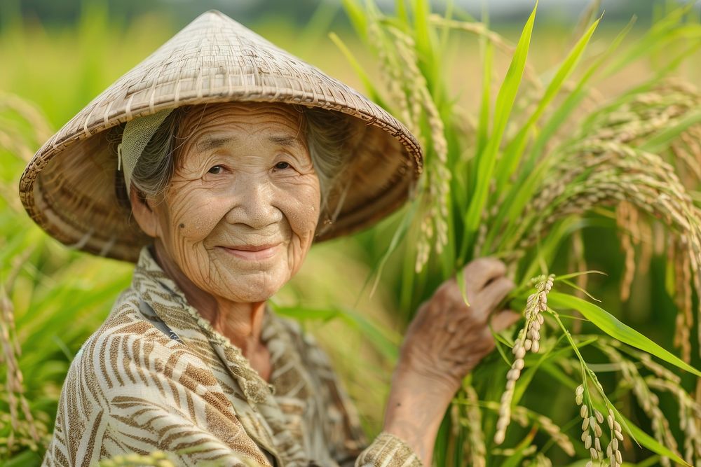 Asian old woman farmer outdoors smiling field.