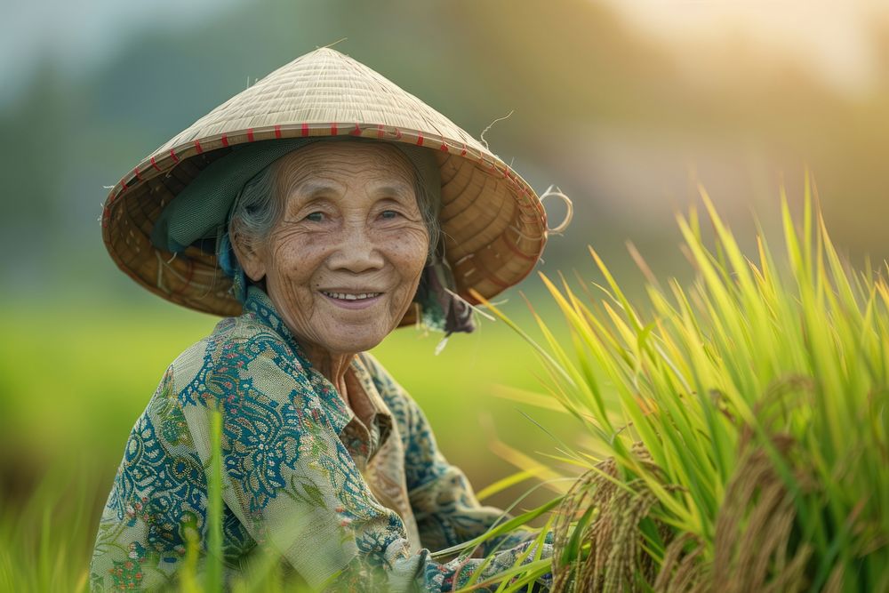 Asian old woman farmer smiling field adult.