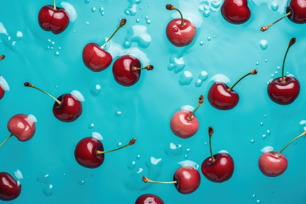 Fresh cherries on water pattern backgrounds cherry fruit.
