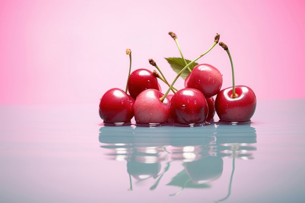 Fresh cherries on pink water cherry fruit plant.