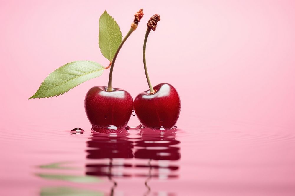 Fresh cherries on pink water cherry fruit plant.