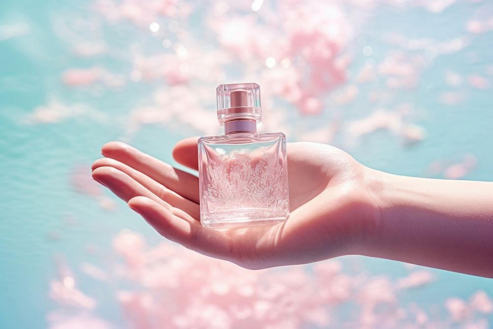 Hand holding perfume bottle cosmetics container finger.