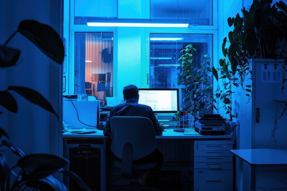Office worker furniture computer lighting.