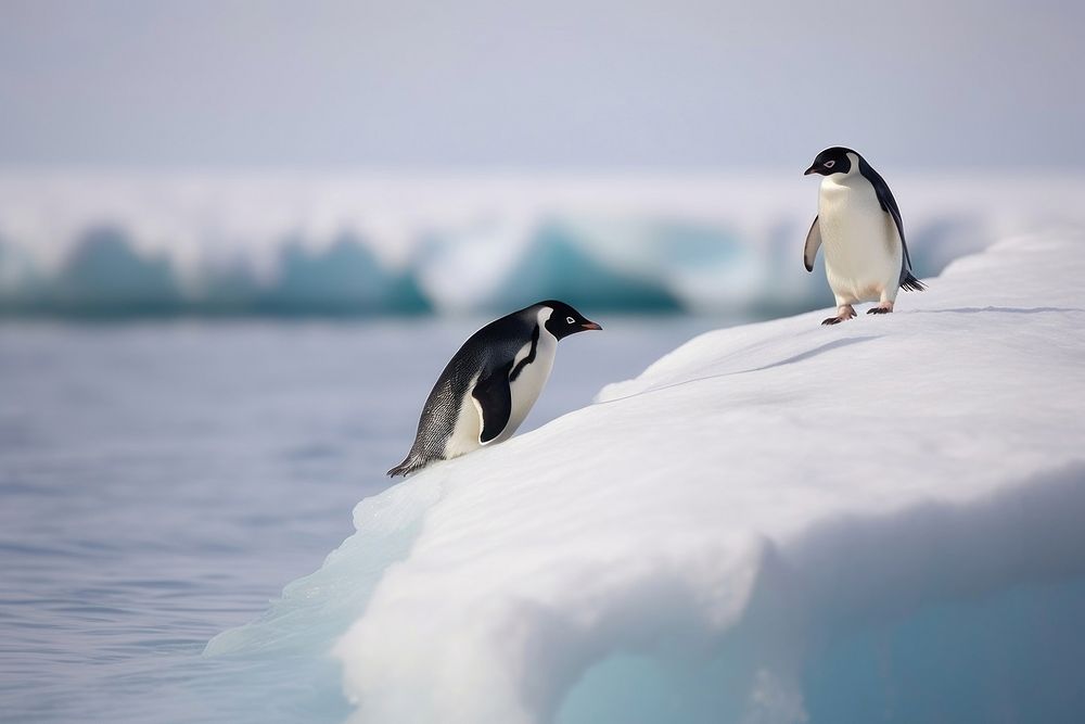Penguins slide on ice outdoors nature animal.