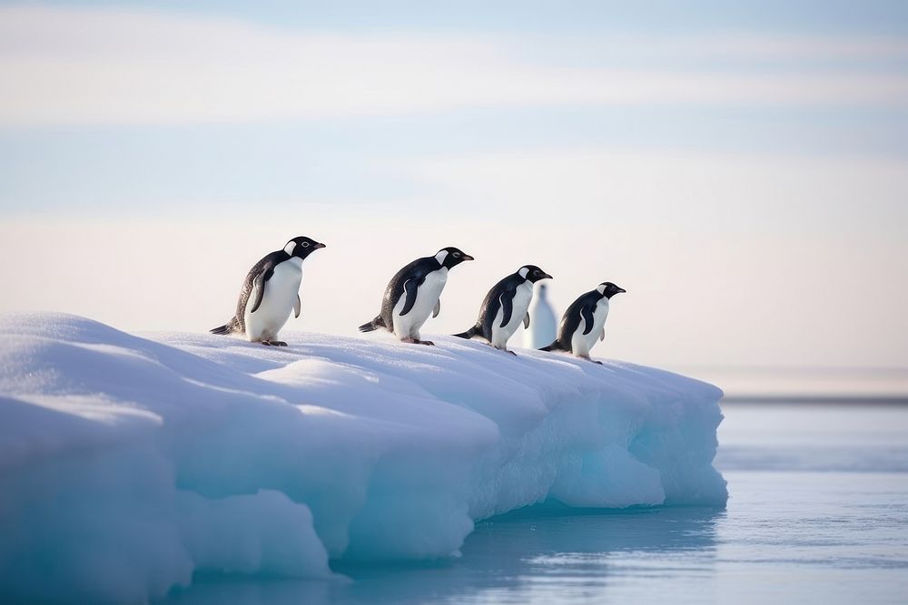Penguins sliding on ice outdoors nature animal.