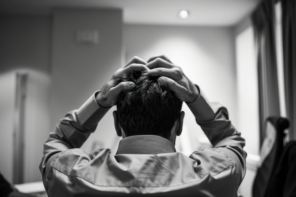 People worker hands on head in office photography adult disappointment.