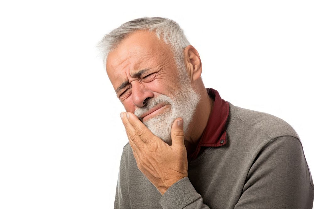 Senior touching cheek with hand pain adult white background.