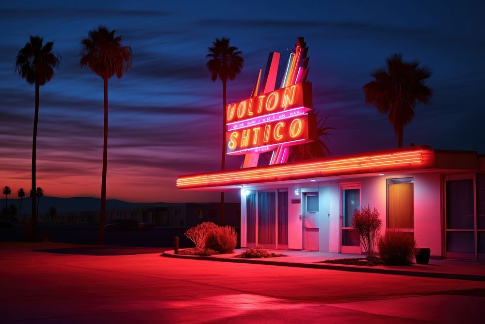 Retro neon night of motel in california architecture illuminated nightlife.