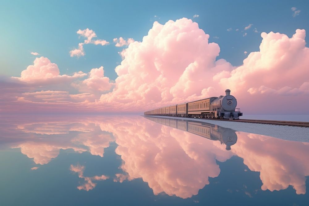 Photography train with sun landscape cloud architecture.