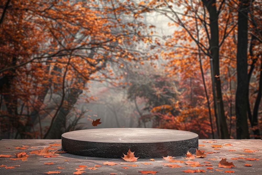 Product podium with autumn plant leaf tranquility.