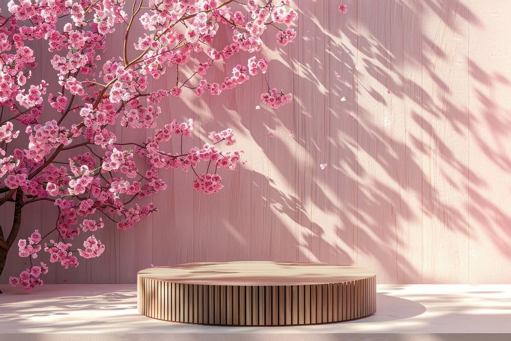 Product podium with a spring blossom flower plant.