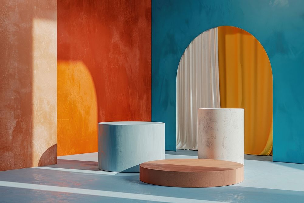 Product podium with abstract architecture wall art.