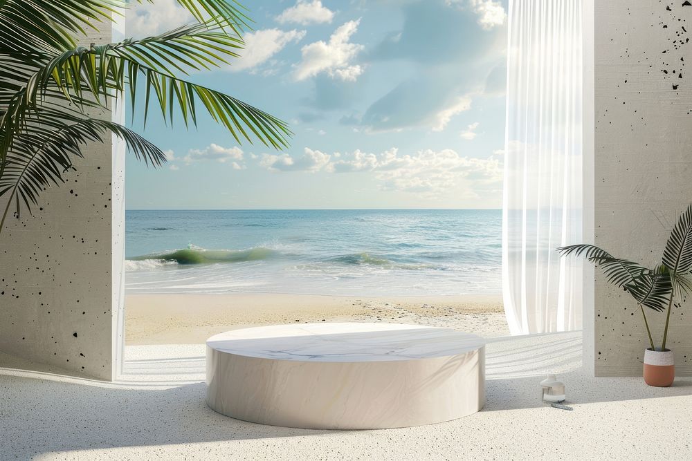 Product podium with beach outdoors jacuzzi nature.
