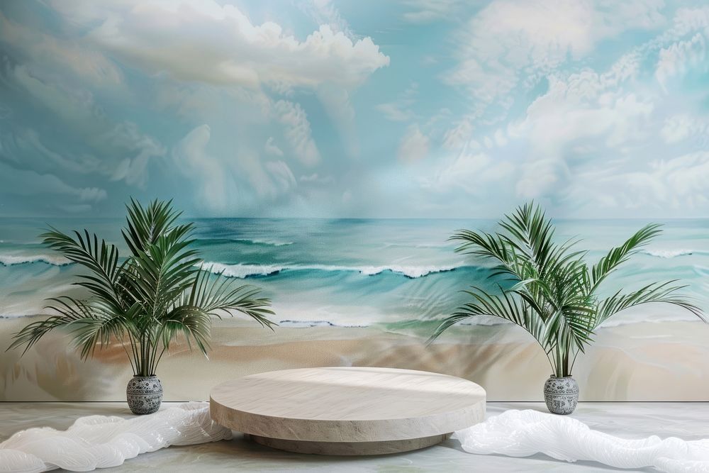 Product podium with beach nature sky sea.