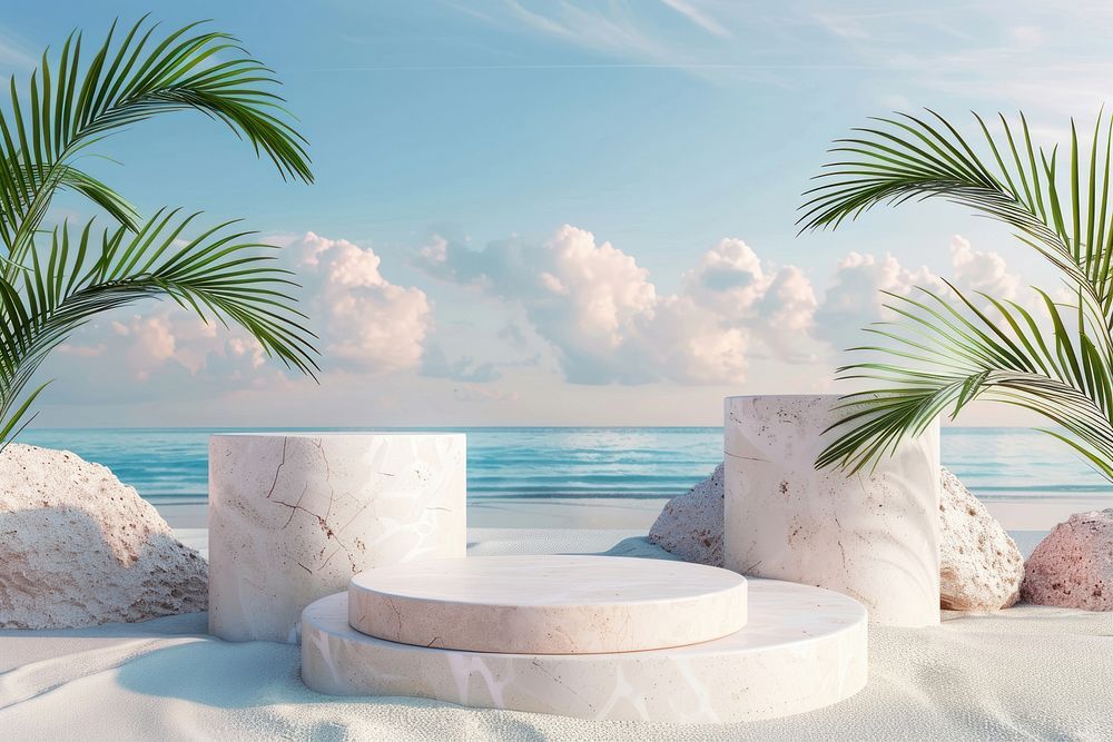 Product podium with beach furniture outdoors nature.