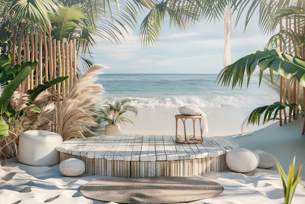 Product podium with beach summer furniture outdoors.