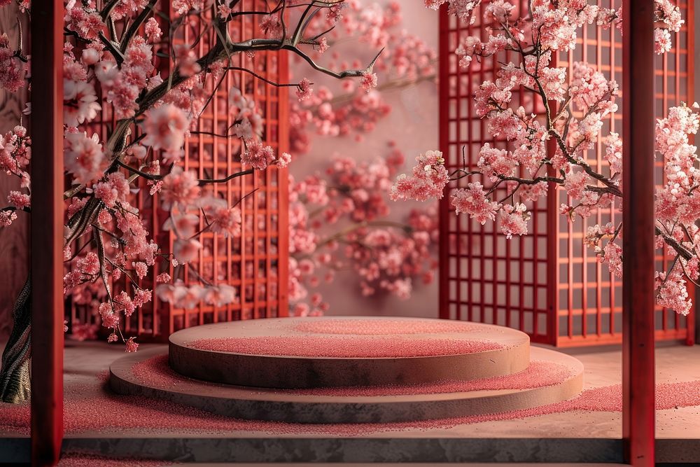 Product podium with cherry blossoms decoration outdoors flower.