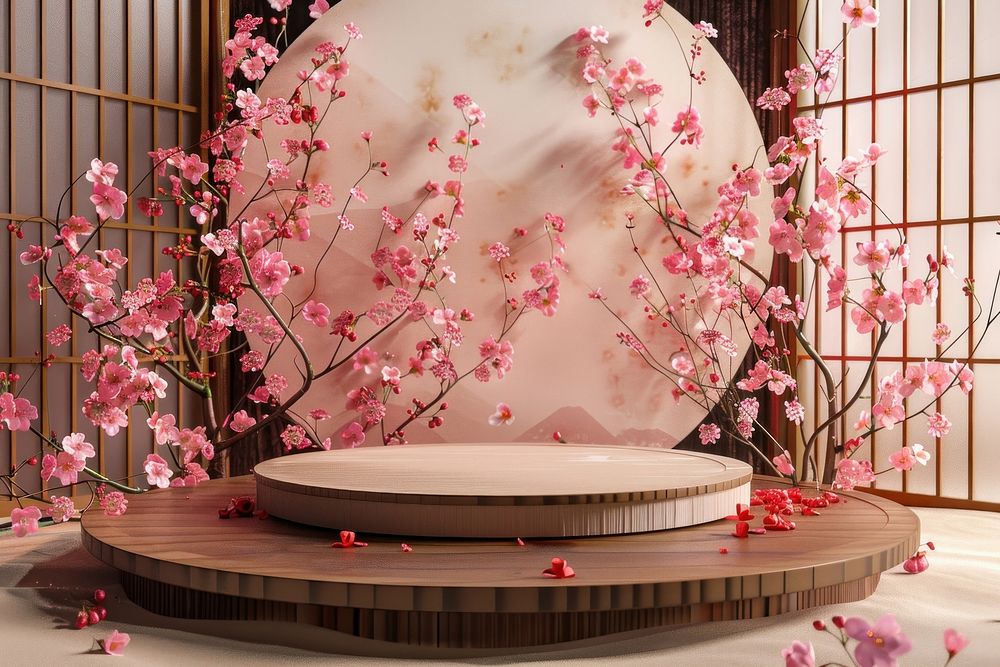 Product podium with cherry blossoms decoration flower plant.