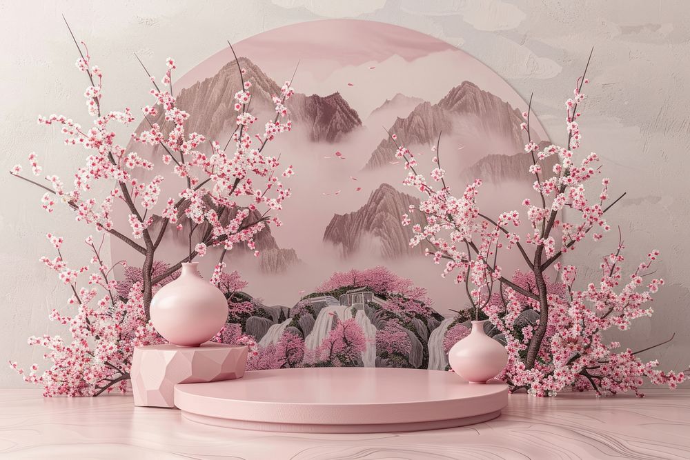 Product podium with cherry blossoms flower plant tranquility.
