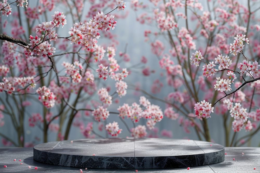 Product podium with cherry blossoms outdoors flower nature.