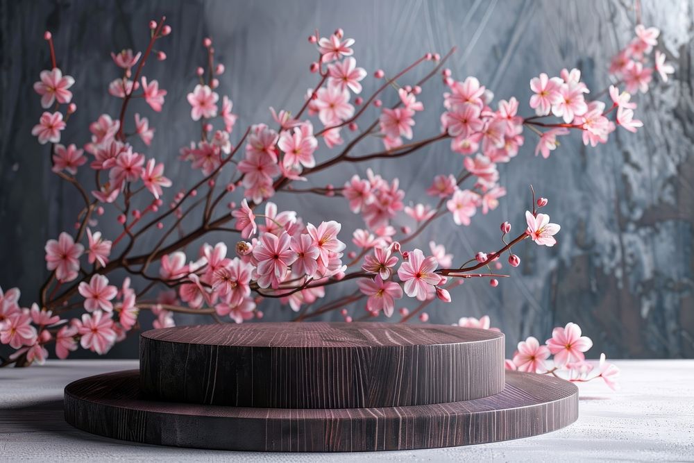 Product podium with cherry blossoms flower plant food.