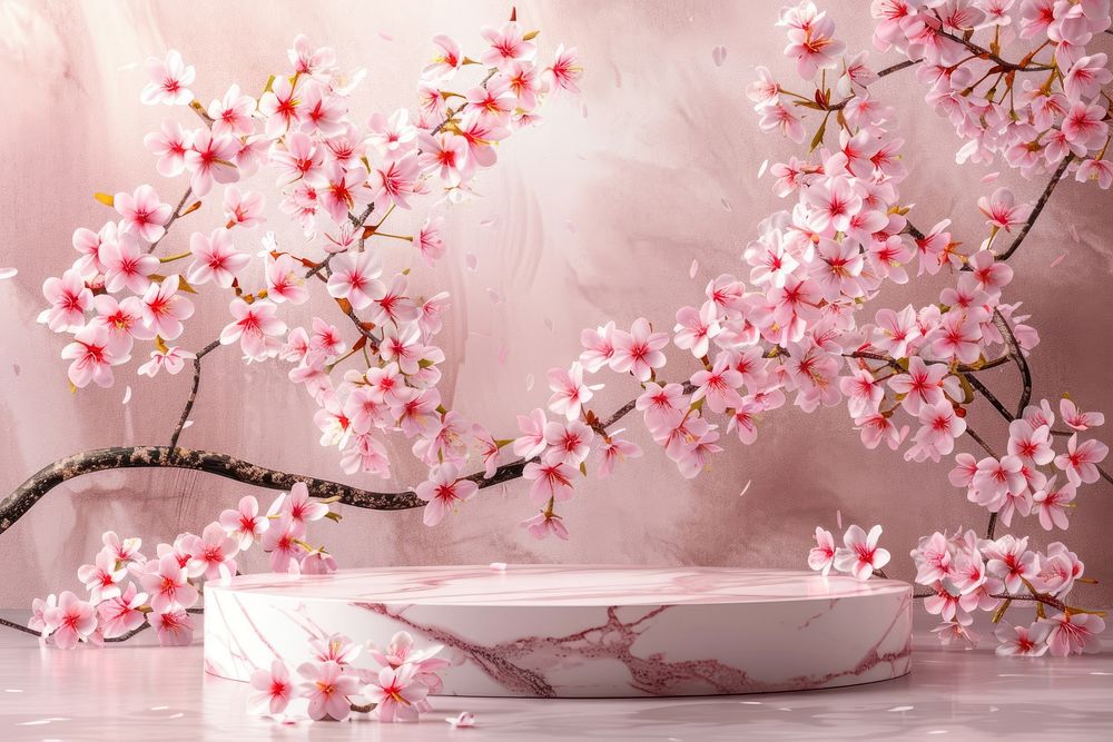 Product podium with cherry blossoms flower plant springtime.