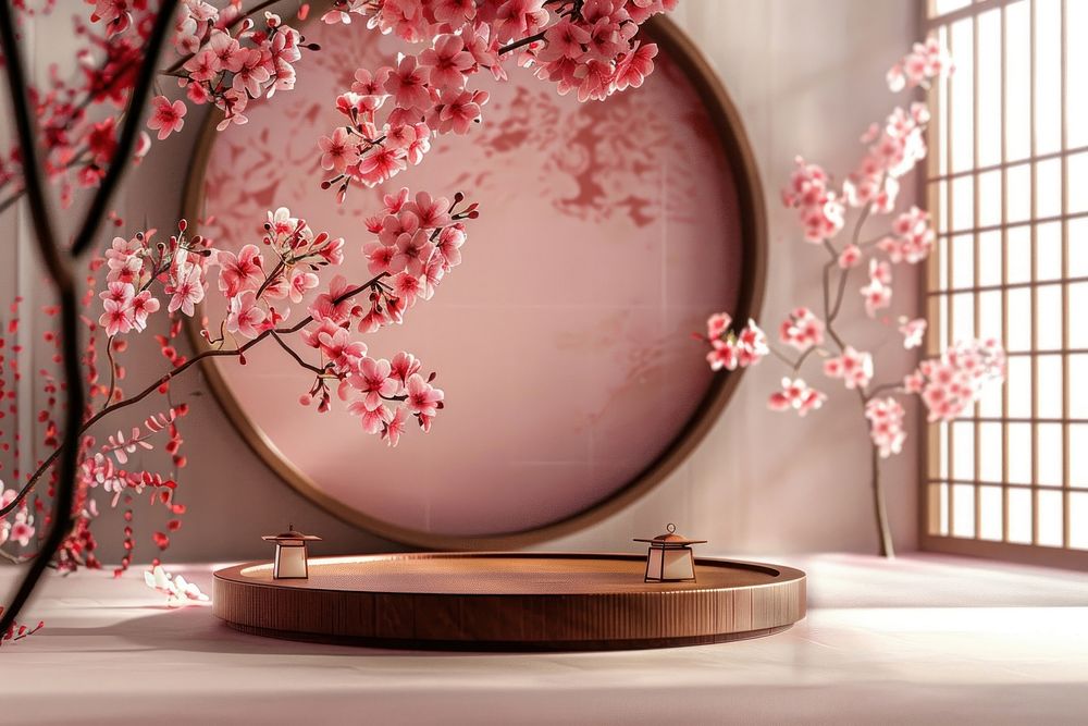 Product podium with cherry blossoms flower plant architecture.
