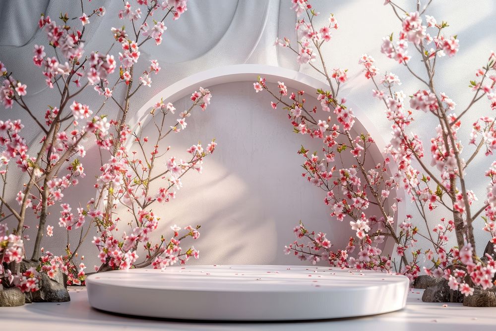Product podium with cherry blossoms flower plant celebration.