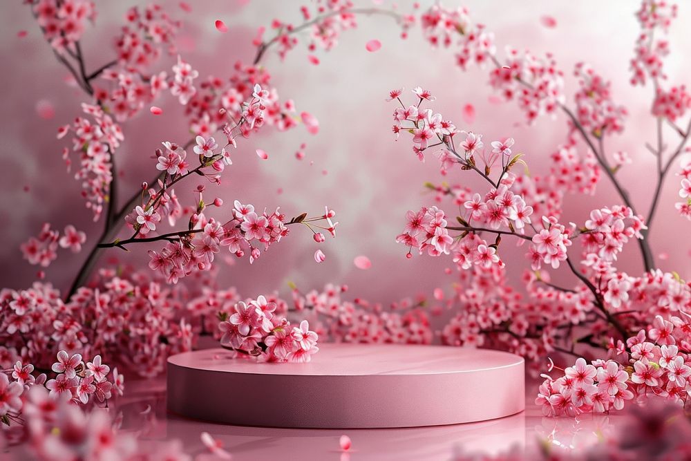 Product podium with cherry blossoms flower nature plant.