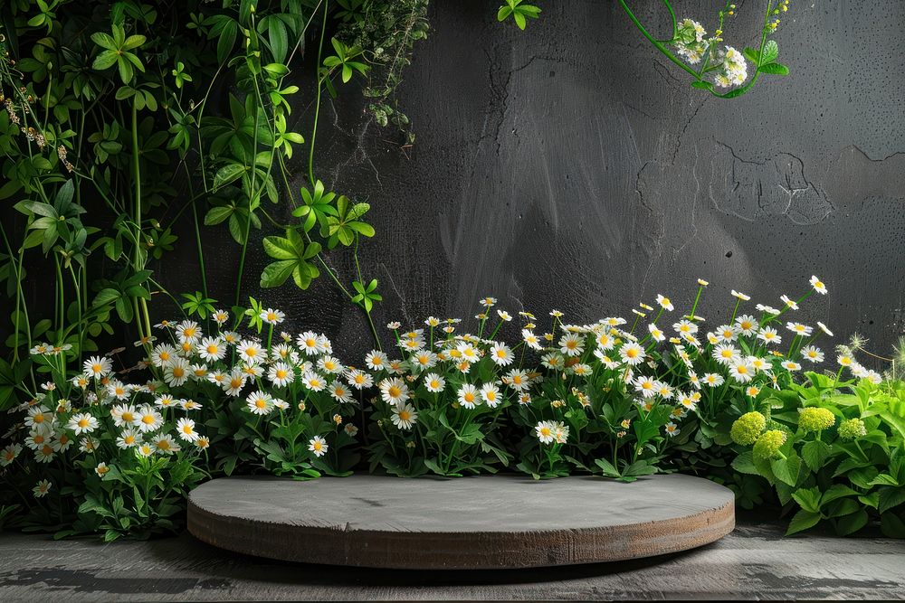 Product podium with daisies outdoors flower nature.