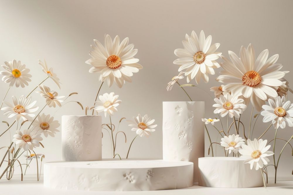 Product podium with daisies flower petal plant.