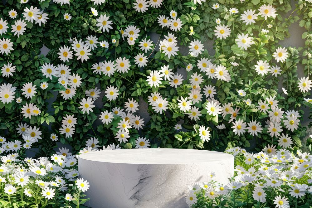 Product podium with daisies outdoors flower nature.