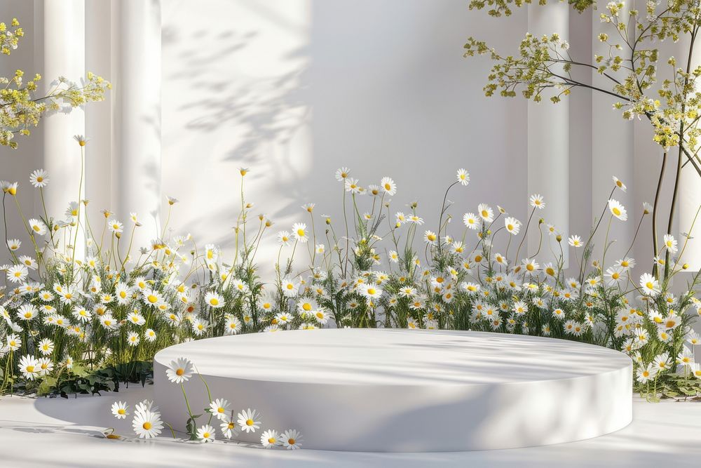 Product podium with daisies blossom flower plant.