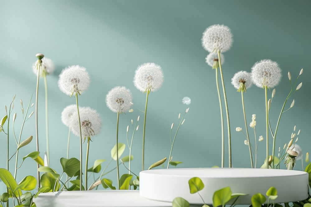 Product podium with dandelions flower nature plant.