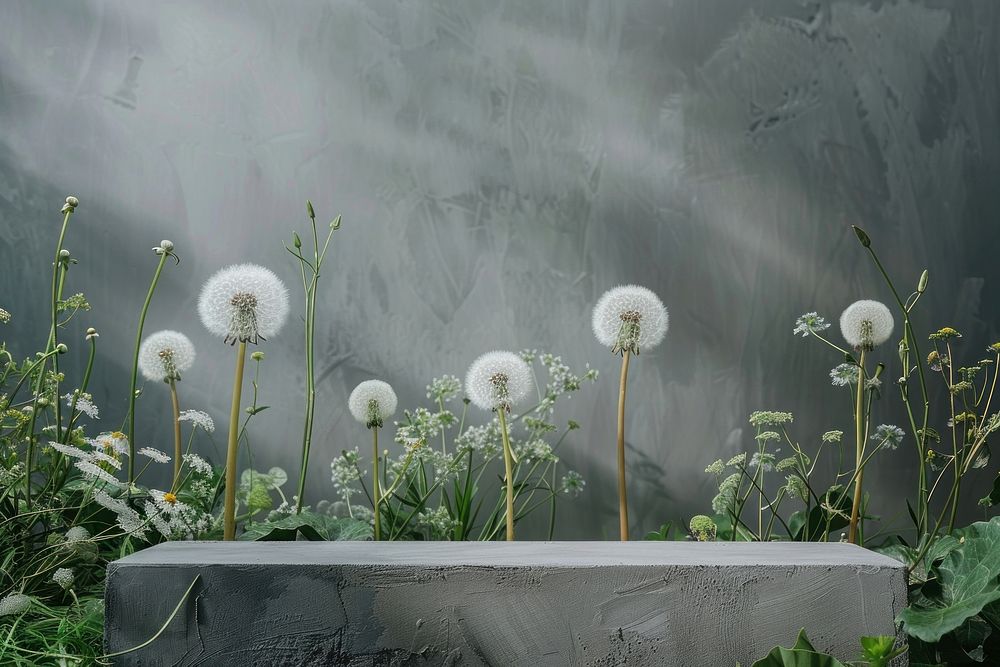 Product podium with dandelions outdoors flower nature.