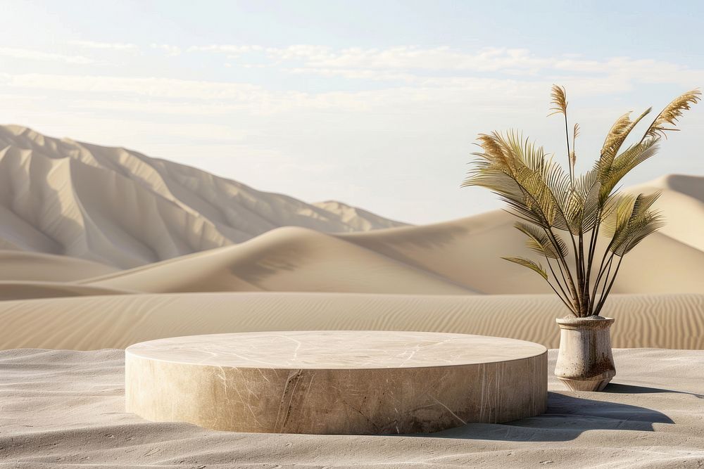 Product podium with desert nature furniture outdoors.