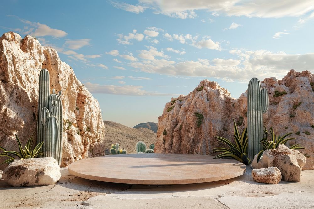 Product podium with desert nature landscape outdoors.
