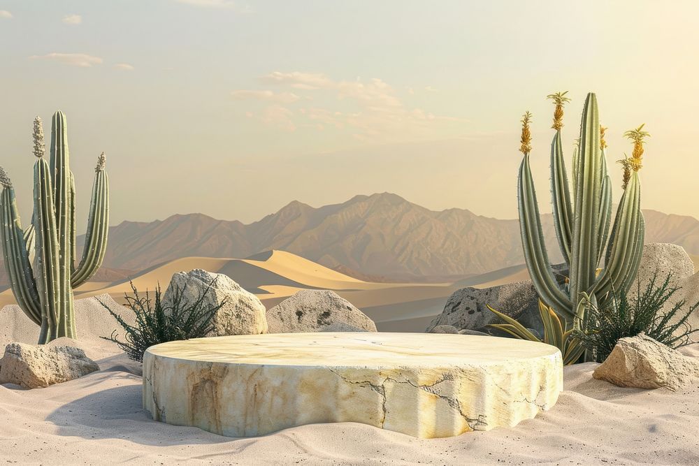 Product podium with desert nature furniture outdoors.