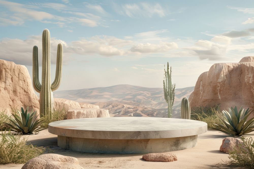 Product podium with desert nature landscape outdoors.