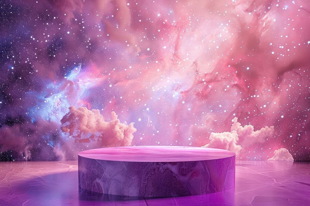 Product podium with dreamy galaxy nature purple space.